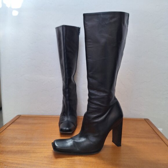 Y2K bebe Leather Heeled Boots Knee High Square Toe Edgy Sexy Whimsigoth Witchy - Picture 4 of 16
